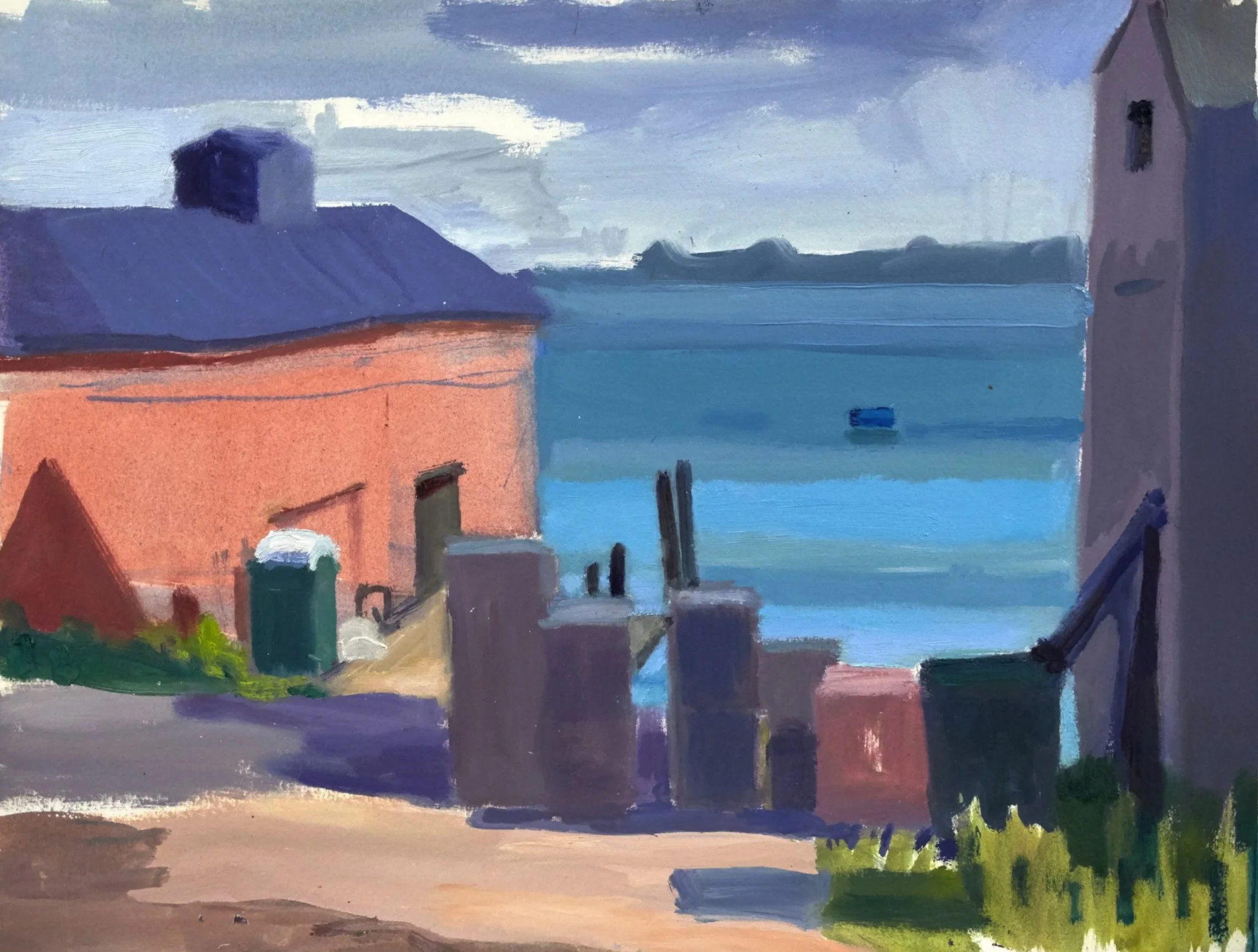 Artwork: John Goodrich, “Wharf, Jonesport #2,” 12x16 inches, oil on board, 2018