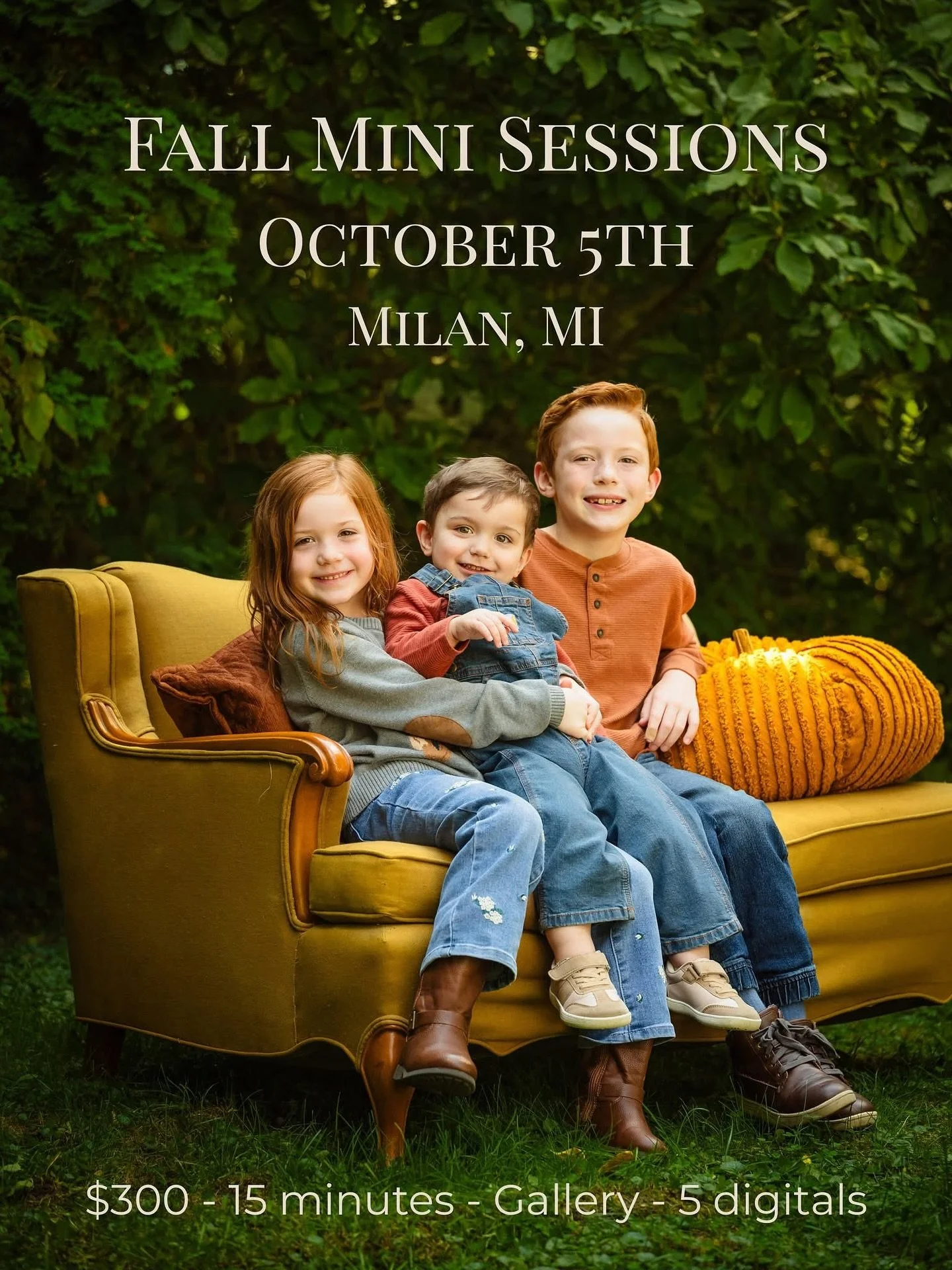 π Fall Mini Sessions — Milan, MI π
Six cozy, golden-hour sessions. β¨ We’ll have an antique couch full of fall textiles and other beautiful surprises. 
π
 Sunday, October 5th, 2025
π Milan, Michigan
β° 15 minutes each with plenty of gl