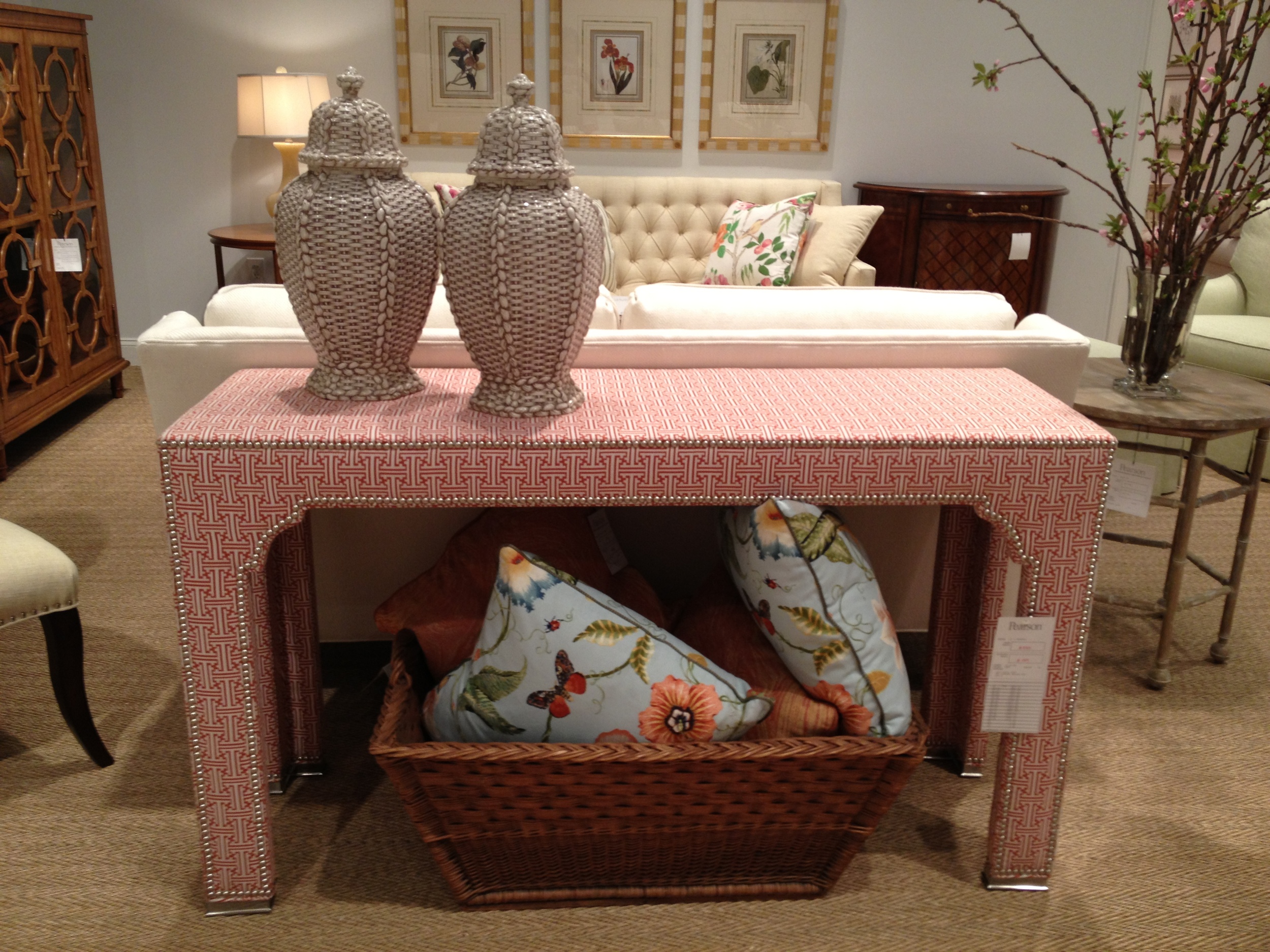 This fabric covered console with nailheads was a killer piece. It was well done and unique. www.saranobledesigns.com