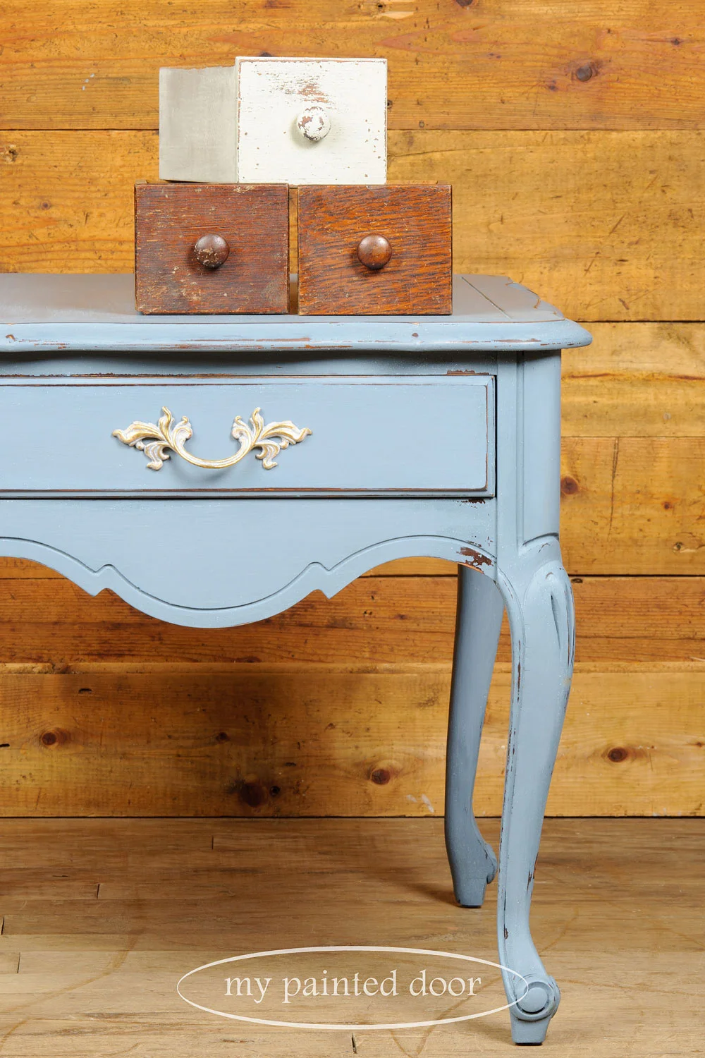 end table painted in rideau blue Homestead House milk paint - via My Painted Door (.com)