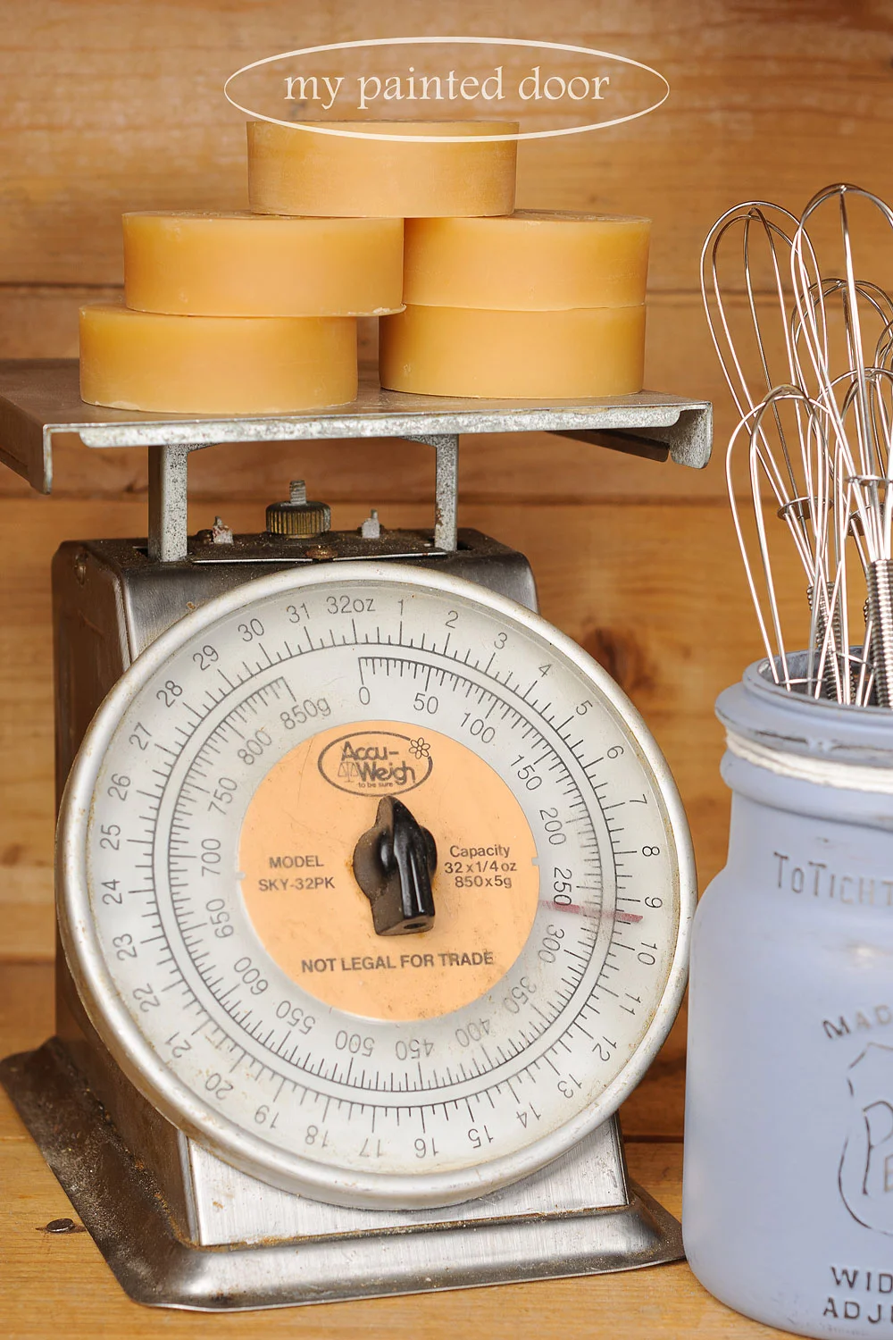 Miss Mustard Seed's wax pucks and vintage scale - via My Painted Door (.com)