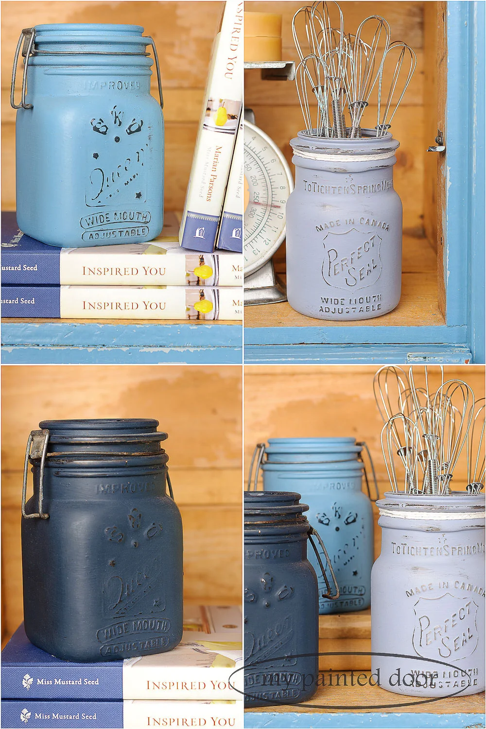 Mason jars painted in Miss Mustard Seed's milk paint - via My Painted Door (.com)