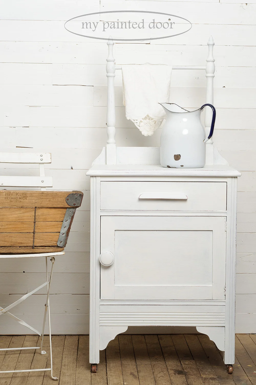 Washstand painted in Miss Mustard Seed's milk paint in Ironstone - via My Painted Door (.com)
