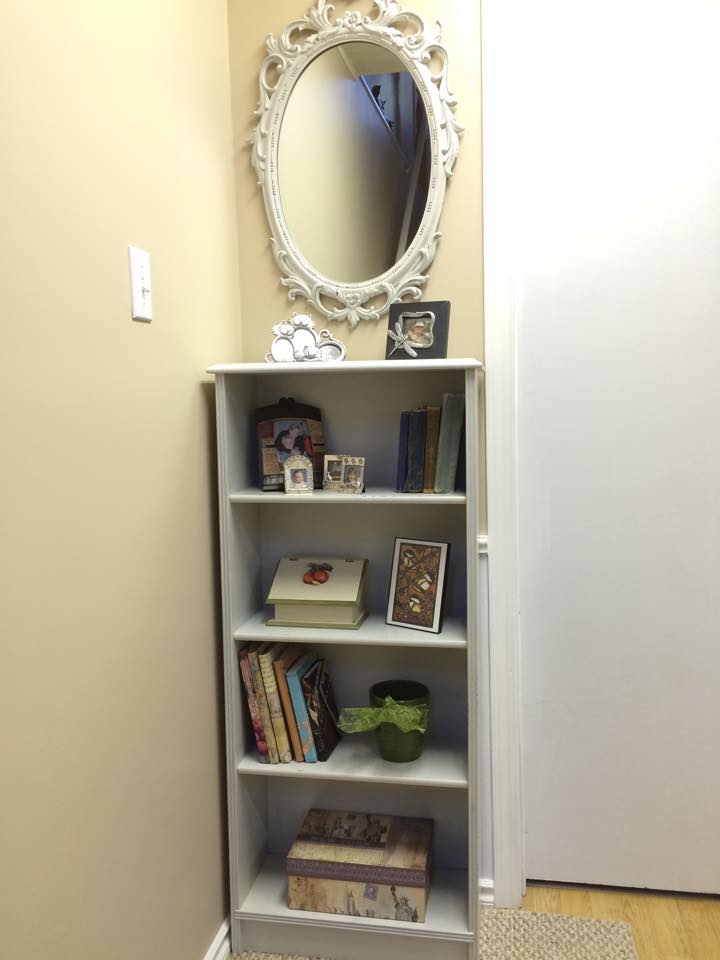 Cabinet and mirror painted in Miss Mustard Seed's milk paint in Grain Sack - via My Painted Door (.com)