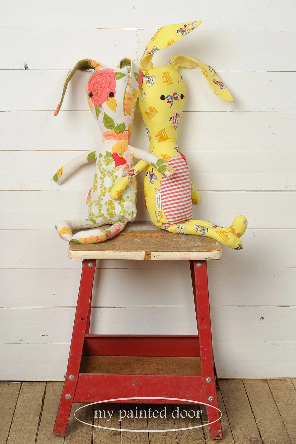 Bunnies made with vintage fabric by Sew Whimsical by Katie - via My Painted Door (.com)