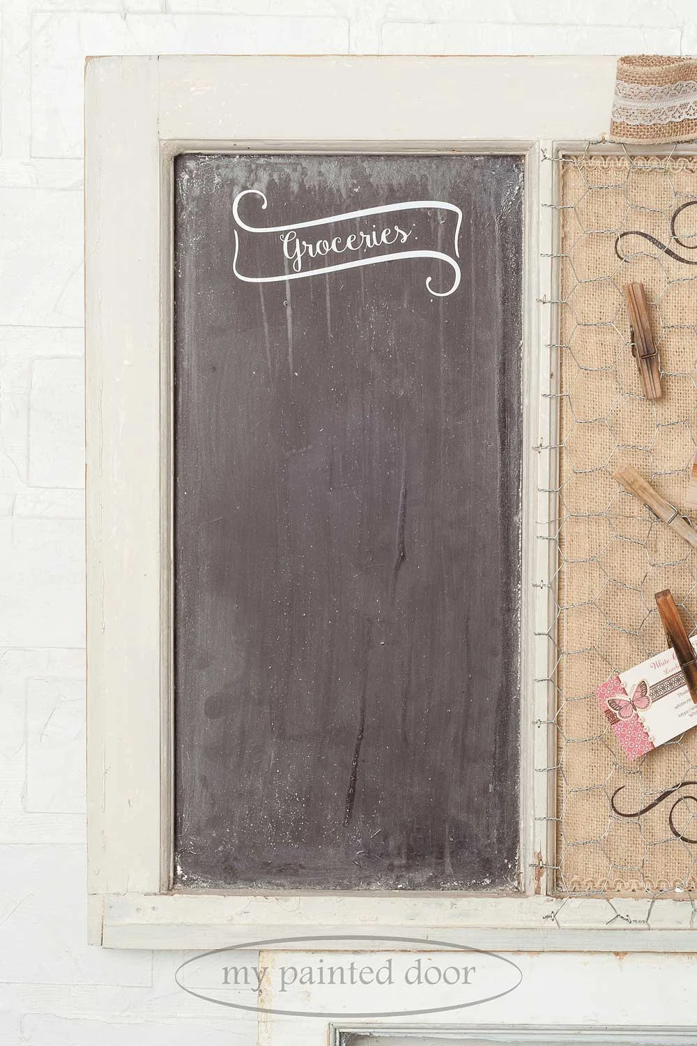 Habitat for Humanity Upcycle Challenge - old window made into a chalkboard and painted with Miss Mustard Seed's milk paint.