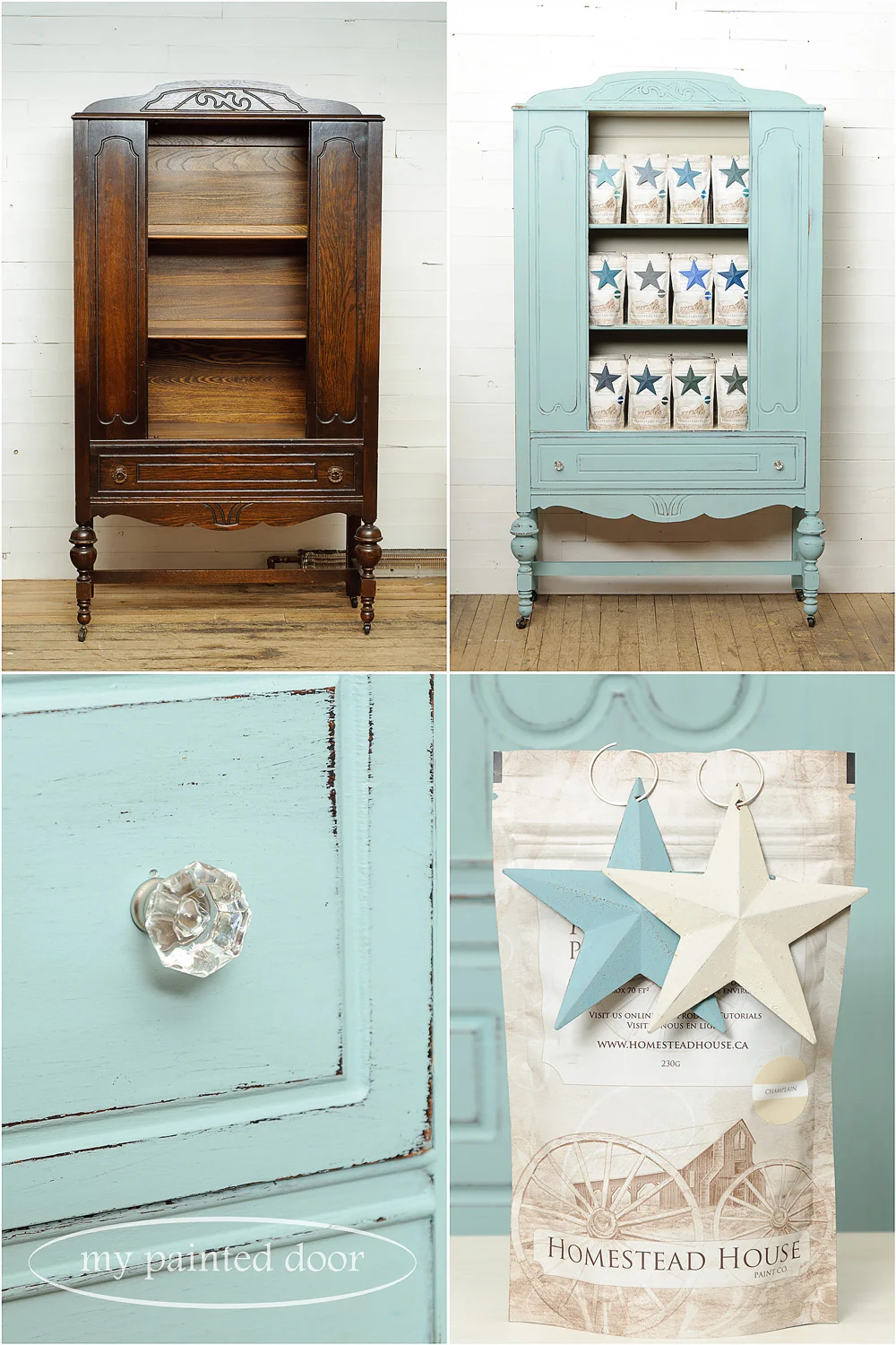 Before and after photos - Hutch painted in Homestead House Milk Paint in Loyalist and Champlain.