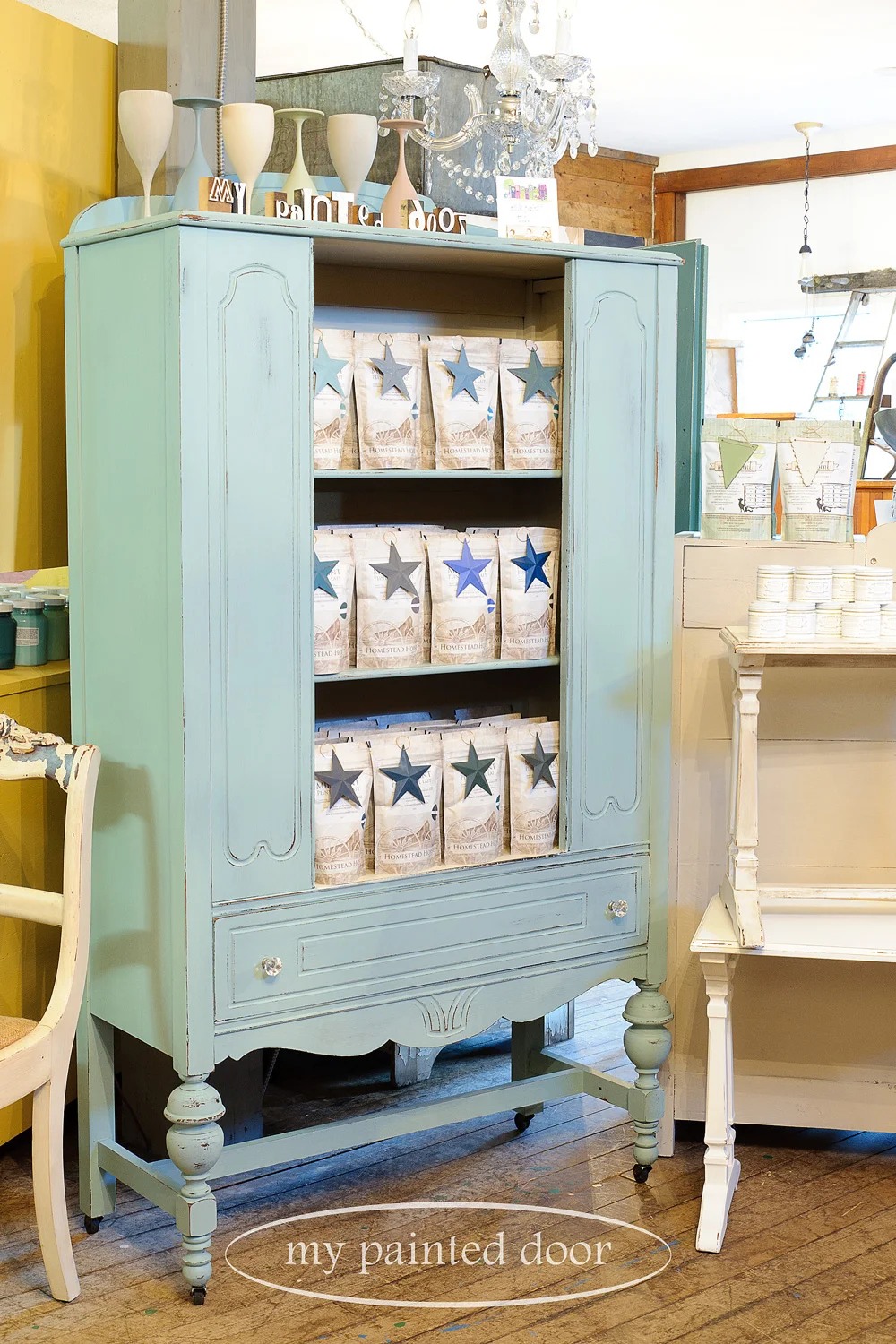 Hutch painted in Homestead House Milk Paint in Loyalist and Champlain.