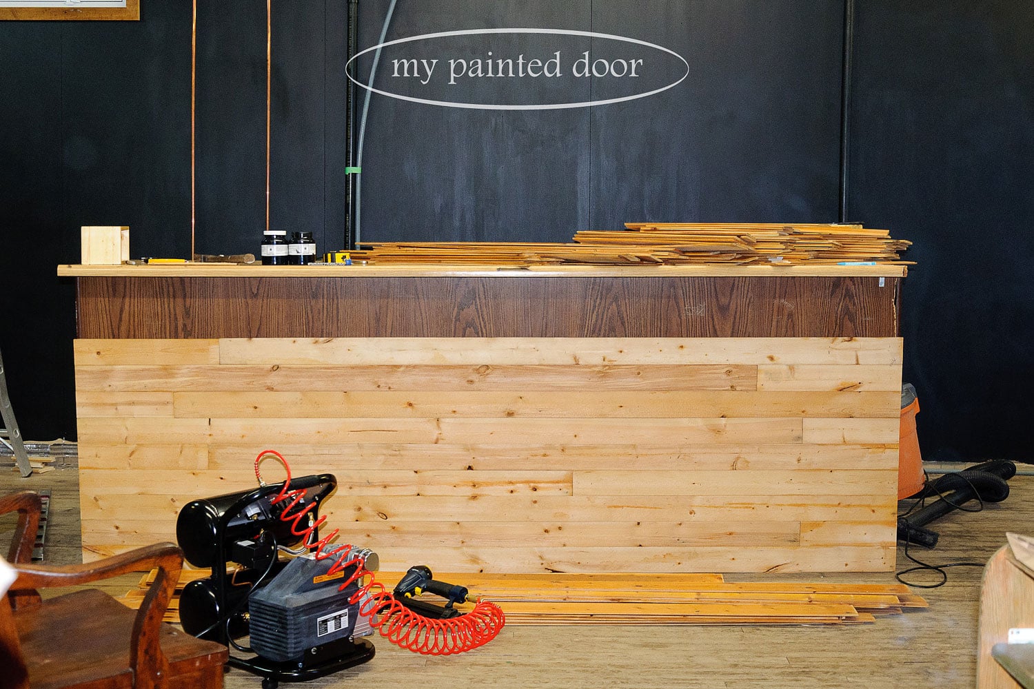 Before photo - an old countertop gets a new look with burlap and milk paint