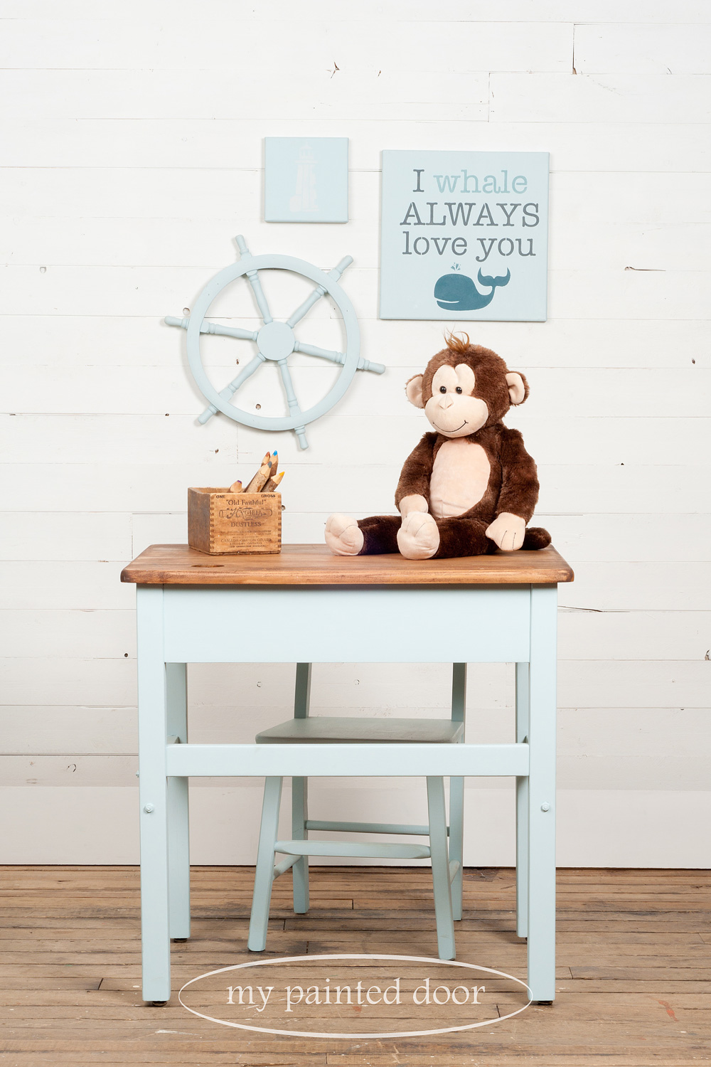 Desk, chair and more painted in Jennylyn's Tones for Tots Little Whale. Stencil is from the Tones for Tots Stencil Collection.