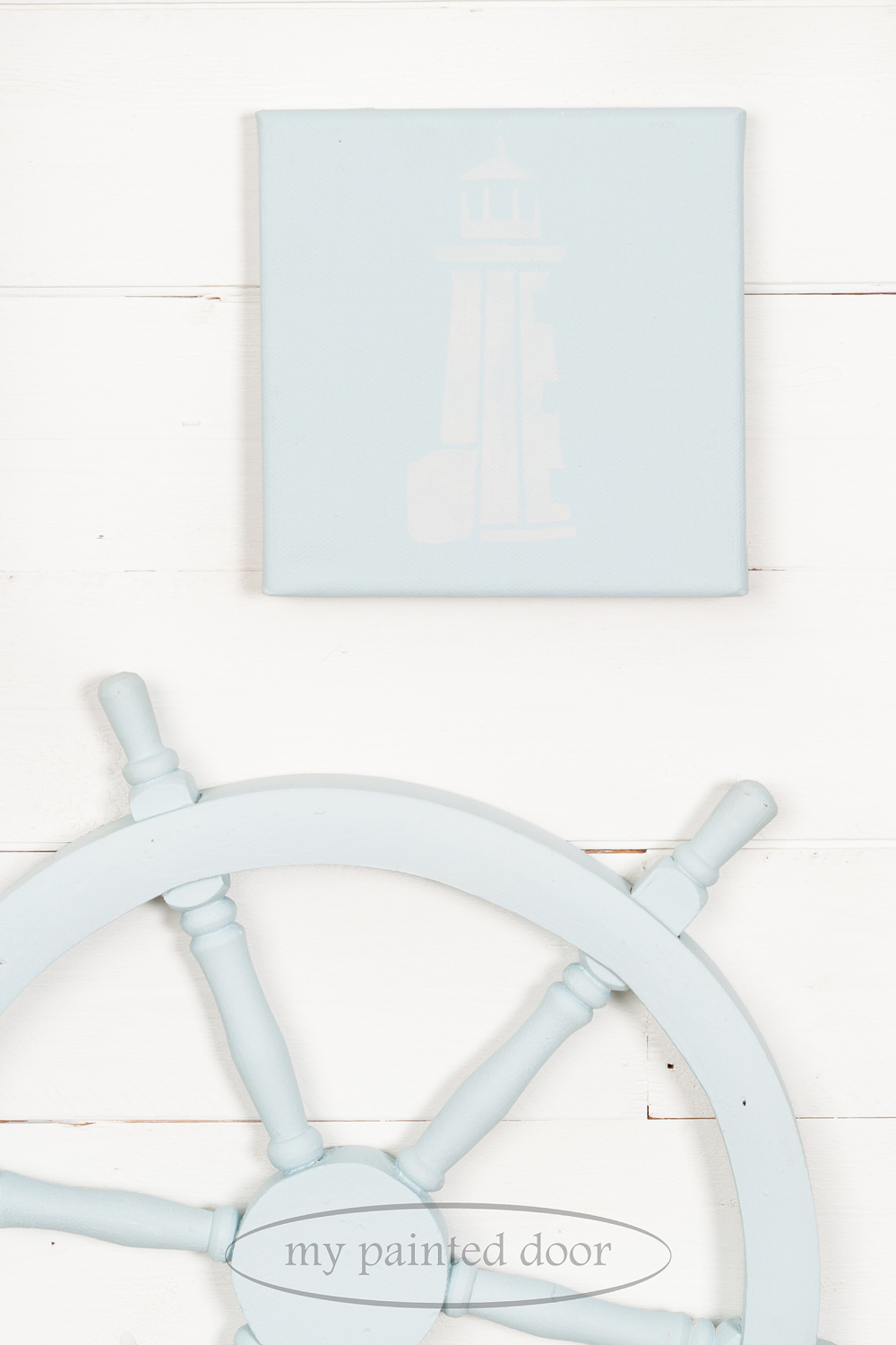 Boat steering wheel and stenciled canvas painted in Jennylyn's Tones for Tots Little Whale.