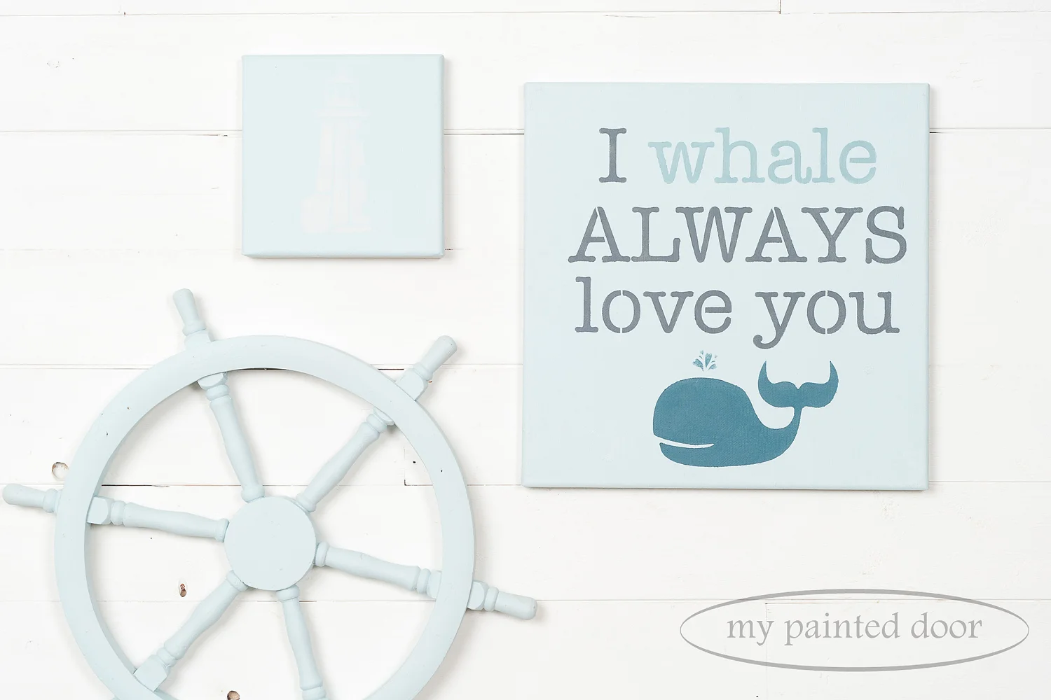 Boat steering wheel and canvasses painted in Jennylyn's Tones for Tots Little Whale. The stencils are from the Tones for Tots Stencil Collection.