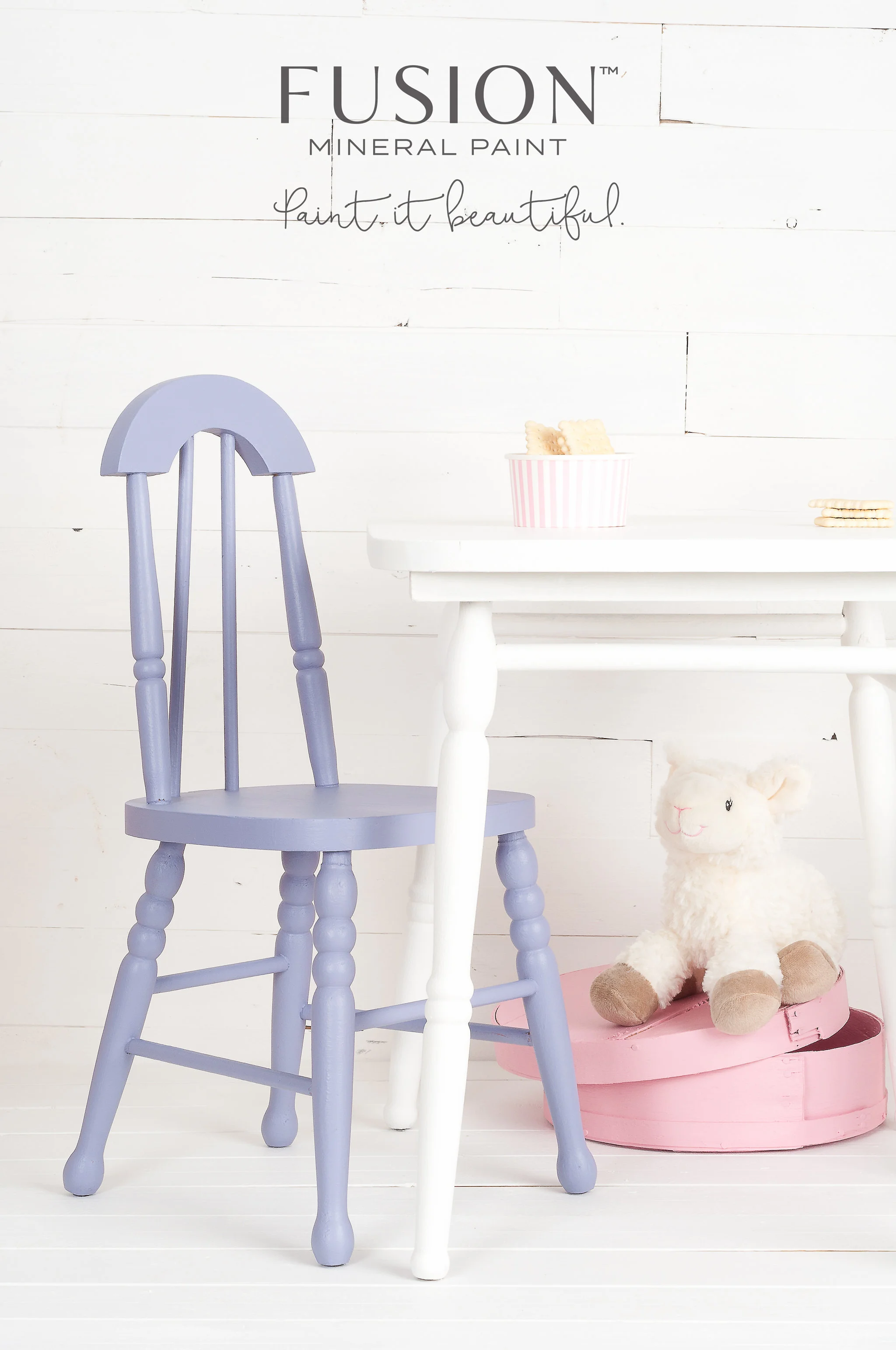This little chair was painted a beautiful shade of lavender blue using a custom blend of Fusion Mineral Paint. Fusion has 32 recipes available so that you can mix paint to create many wonderful colours like this one.