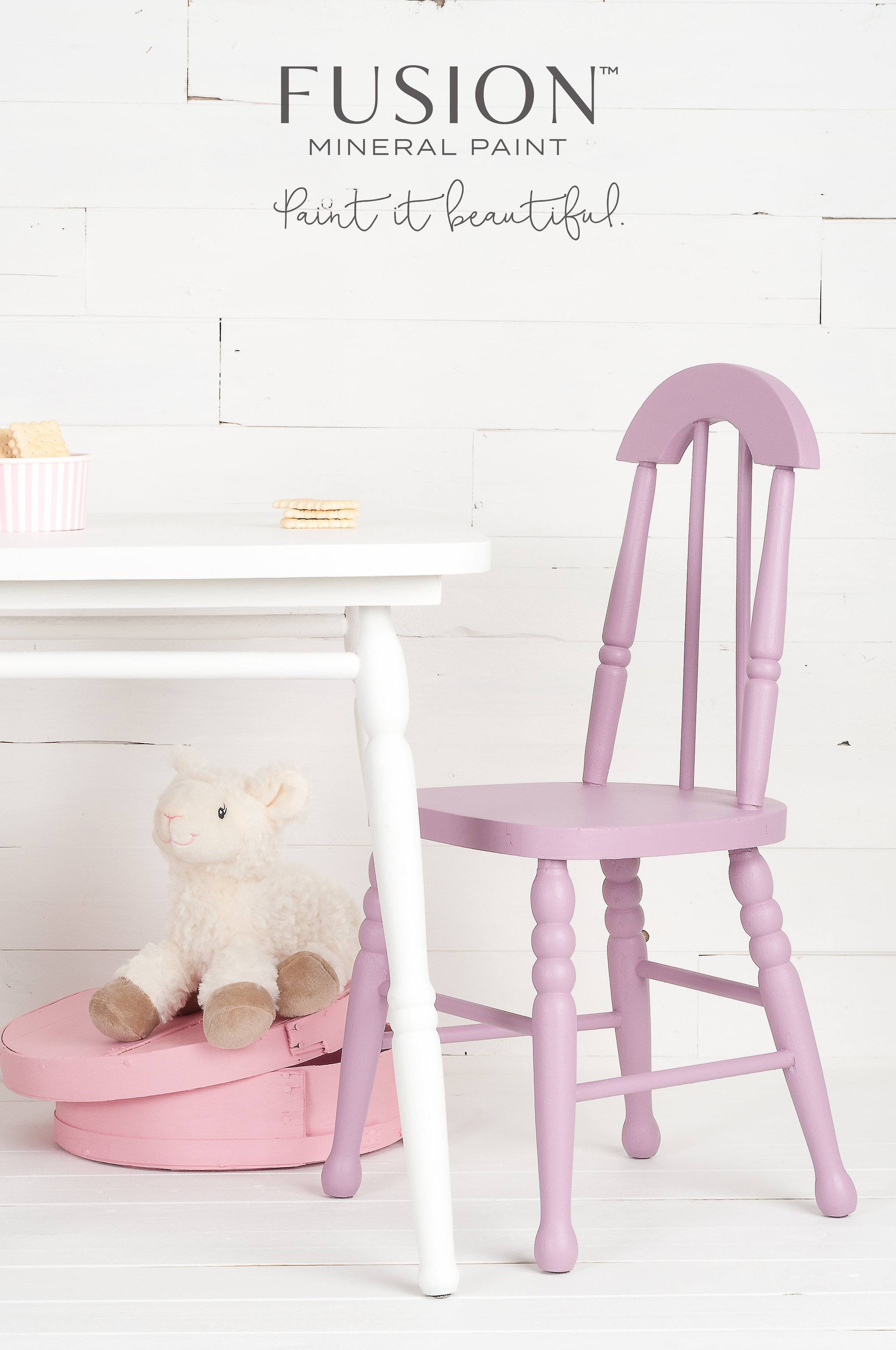 This little chair was painted a wonderful shade of mauve by using a custom blend of Fusion Mineral Paint. Fusion has 32 recipes available so that you can mix paint to create many wonderful colours like this one.