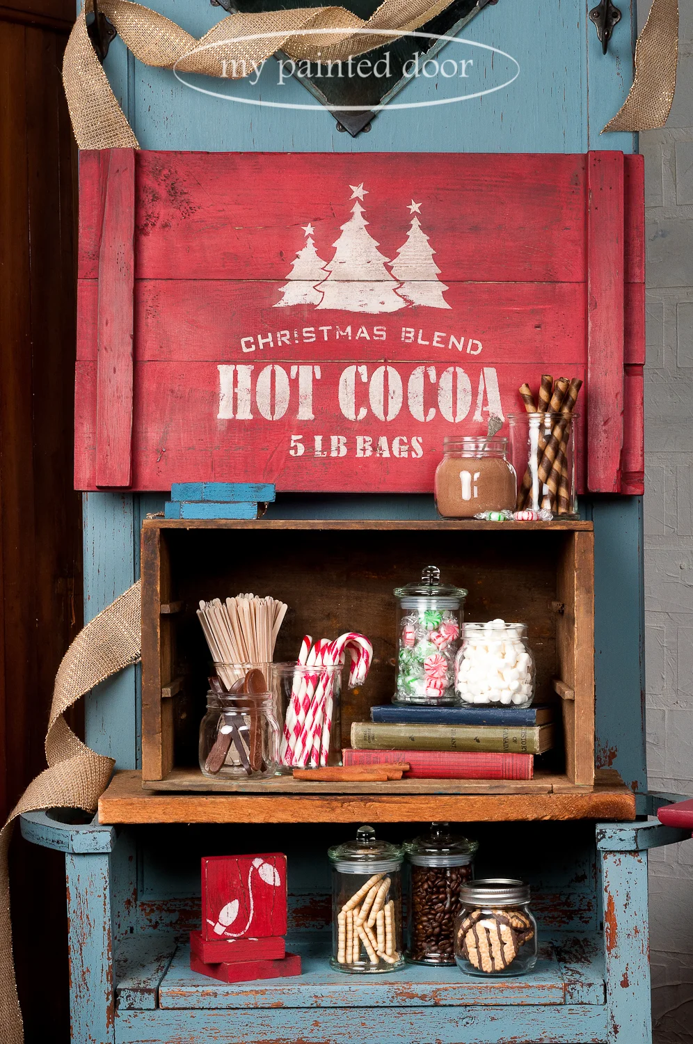 My Painted Door is offering Christmas Sign Workshops using Miss Mustard Seed's Milk Paint. You can easily create this Hot Cocoa sign! Our workshops will teach you tons of tips and techniques on how to take new wood and create an authentic looking vintage sign by distressing, layering colours and more.