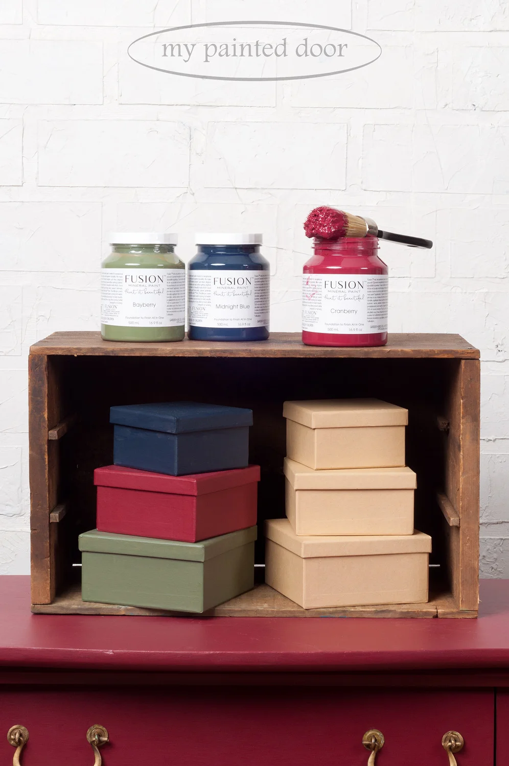 Paper mache boxes painted in Fusion Mineral Paint. Colours are Cranberry, Midnight Blue and Bayberry.
