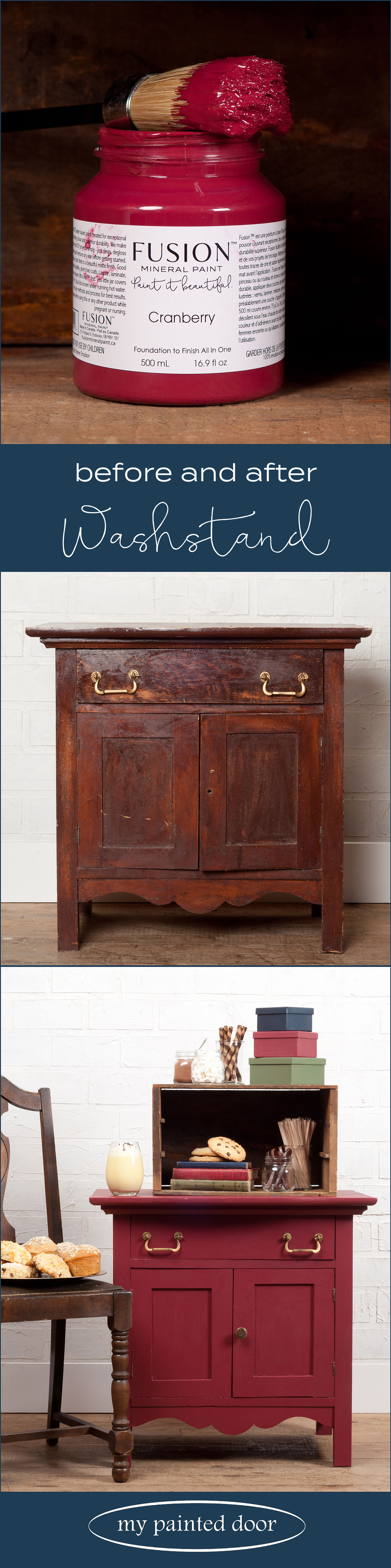 Before and after - Washstand painted in Cranberry Fusion Mineral Paint.