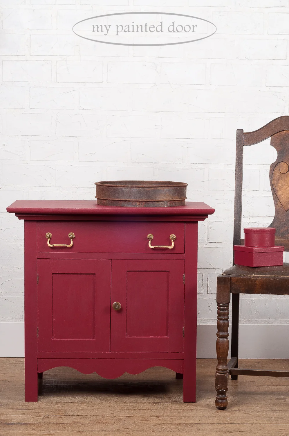 Washstand painted in Cranberry Fusion Mineral Paint colour. Cranberry is a natural luscious burgundy red reminiscent of cranberries.