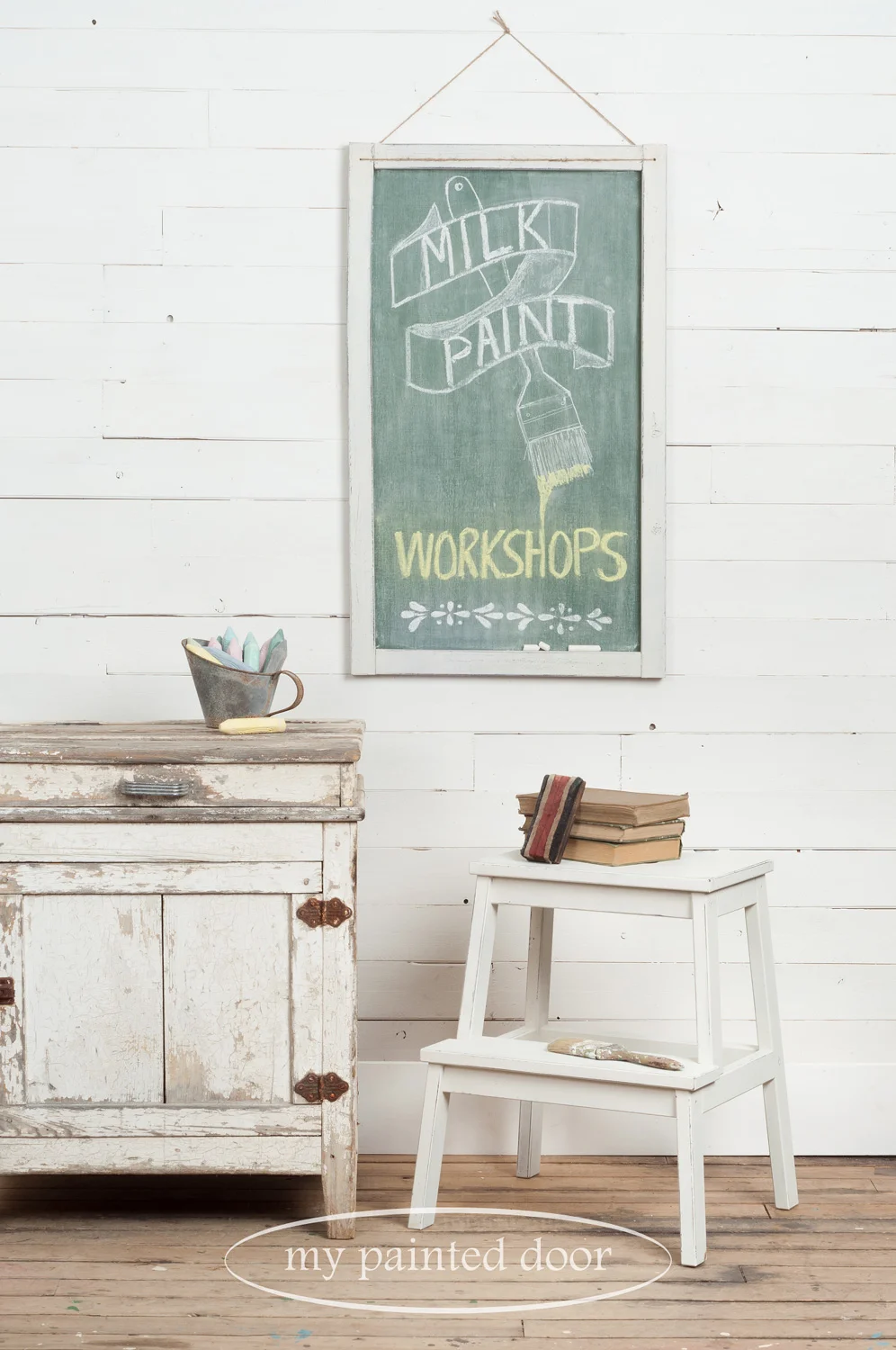 Farmhouse Chalkboard and Farmhouse Stool Workshops using Miss Mustard Seed's Milk Paint and Miss Mustard Seed's Hand Painted Stencils.