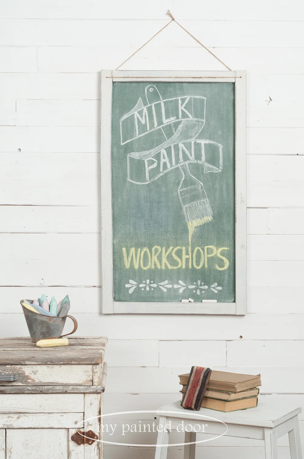 Farmhouse Chalkboard Workshop using Miss Mustard Seed's Milk Paint and Miss Mustard Seed's Hand Painted Stencils.