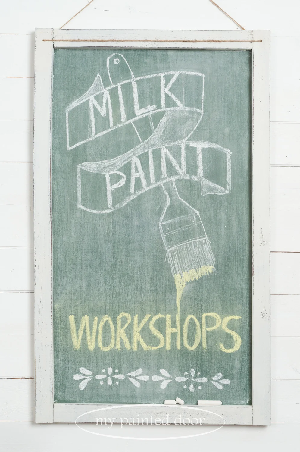 Farmhouse Chalkboard using Miss Mustard Seed's Milk Paint and Miss Mustard Seed's Hand Painted Stencils.