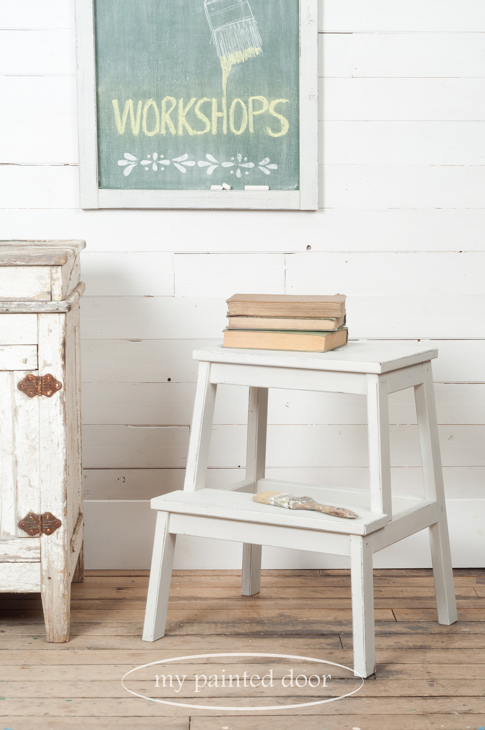 Farmhouse Chalkboard and Farmhouse Stool Workshops using Miss Mustard Seed's Milk Paint and Miss Mustard Seed's Hand Painted Stencils.