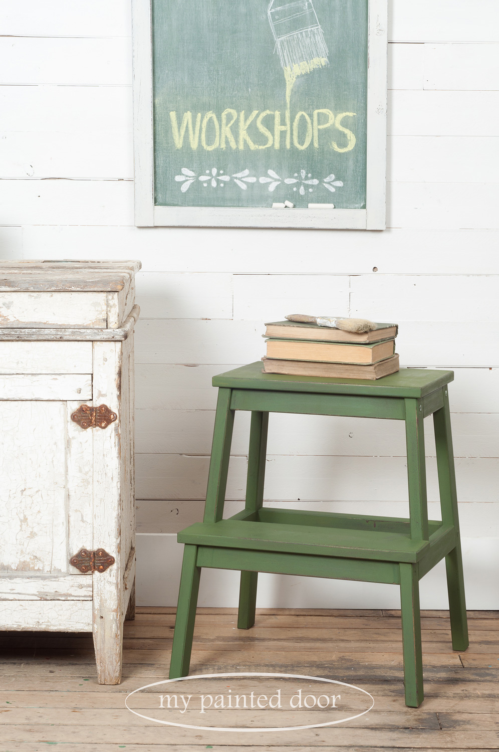 Farmhouse Chalkboard and Farmhouse Stool Workshops using Miss Mustard Seed's Milk Paint and Miss Mustard Seed's Hand Painted Stencils.
