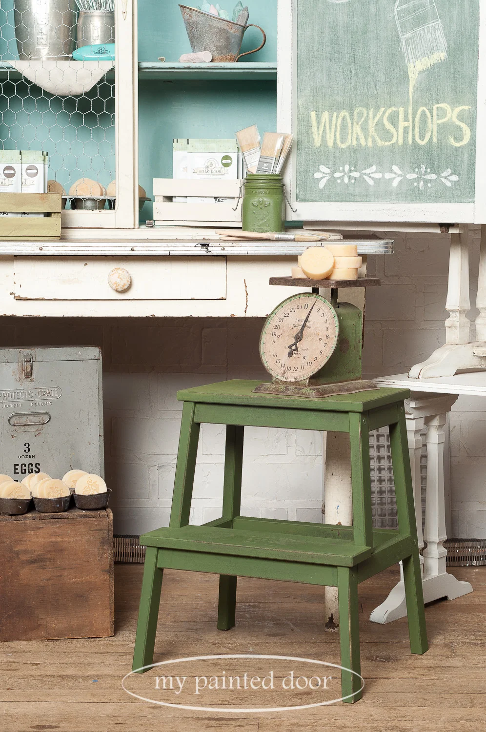 Ikea hack! Learn how to paint an Ikea stool to make it look like a farmhouse stool. Stool painted in Miss Mustard Seed's Milk Paint in the colour Boxwood.
