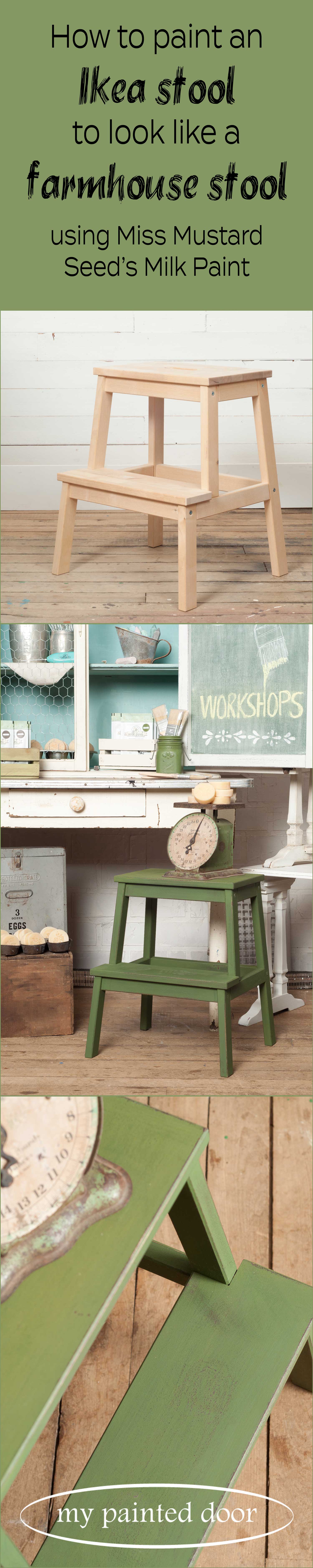 Ikea hack! Learn how to paint an Ikea stool to make it look like a farmhouse stool. Stool painted in Miss Mustard Seed's Milk Paint in the colour Boxwood.