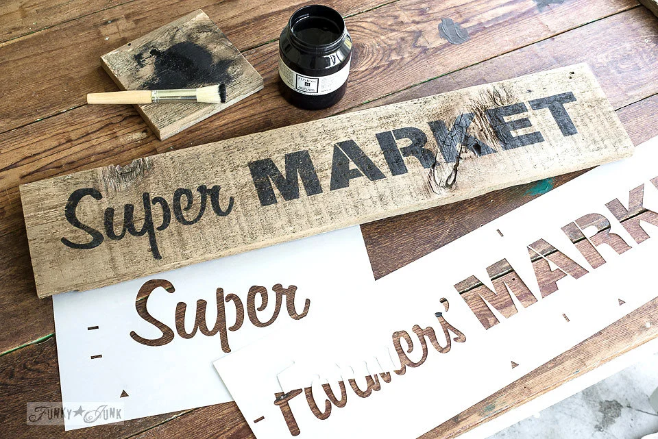 Super Market stencilled on salvaged wood. Funky Junk's Old Sign Stencils are available at My Painted Door.