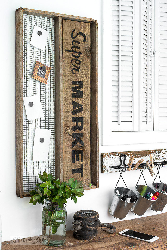 Super Market stencilled on salvaged wood and made into a bulletin board. Funky Junk's Old Sign Stencils are available at My Painted Door.