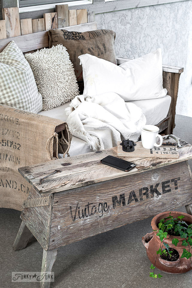 Vintage Market stencilled on an old wood bench. Funky Junk's Old Sign Stencils are available at My Painted Door.