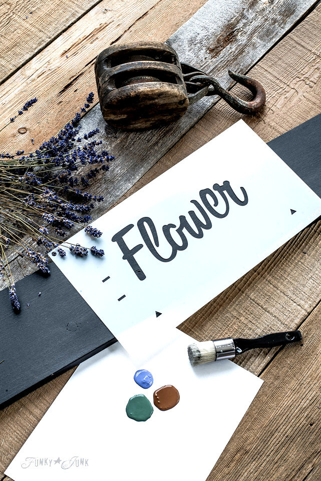 Flower Market stencilled on salvaged wood. Funky Junk's Old Sign Stencils are available at My Painted Door.