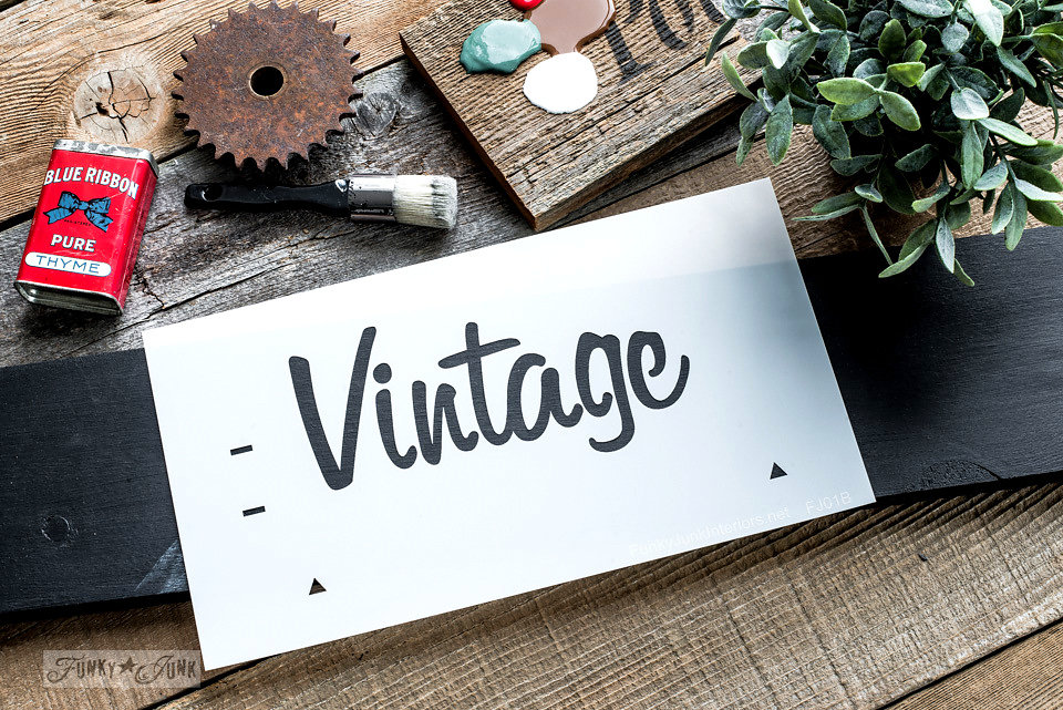 Vintage Market stencilled on salvaged wood. Funky Junk's Old Sign Stencils are available at My Painted Door.