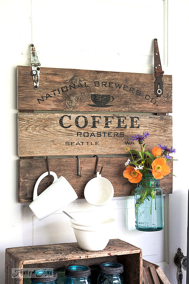 National Brewers Coffee stencilled on salvaged wood. Funky Junk's Old Sign Stencils are available at My Painted Door.