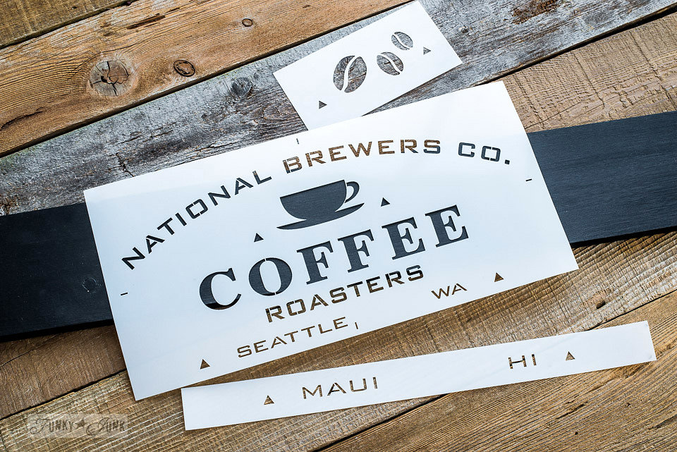National Brewers Coffee stencilled on salvaged wood. Funky Junk's Old Sign Stencils are available at My Painted Door.