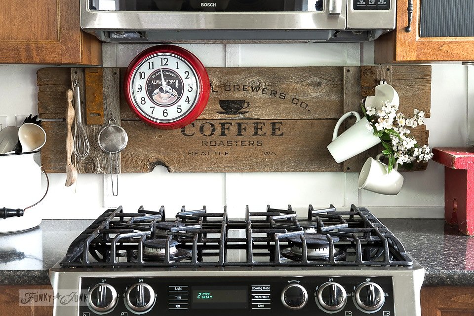 National Brewers Coffee stencilled on salvaged wood. Funky Junk's Old Sign Stencils are available at My Painted Door.