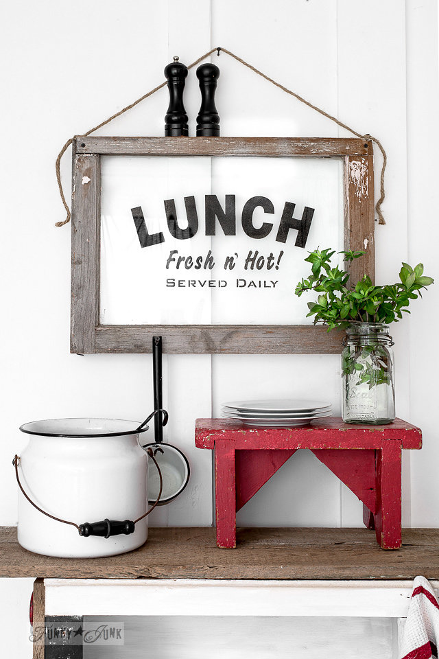 Lunch stencil on an old window. Funky Junk Old Sign Stencils - available at My Painted Door.