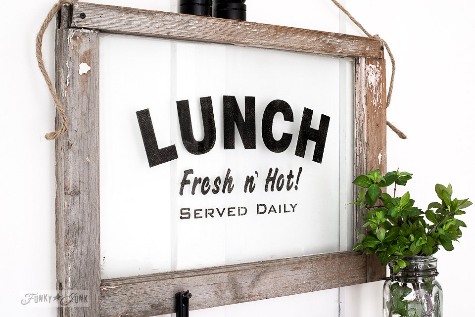 Lunch stencil on an old window. Funky Junk Old Sign Stencils - available at My Painted Door.