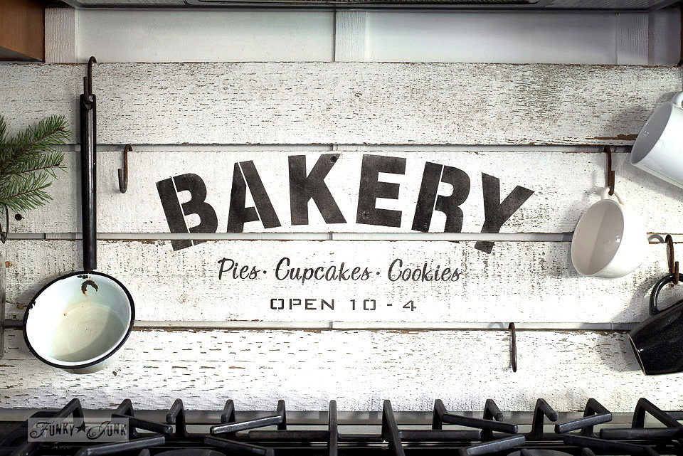 Bakery stencil on salvaged wood by Funky Junk Old Sign Stencils available at My Painted Door