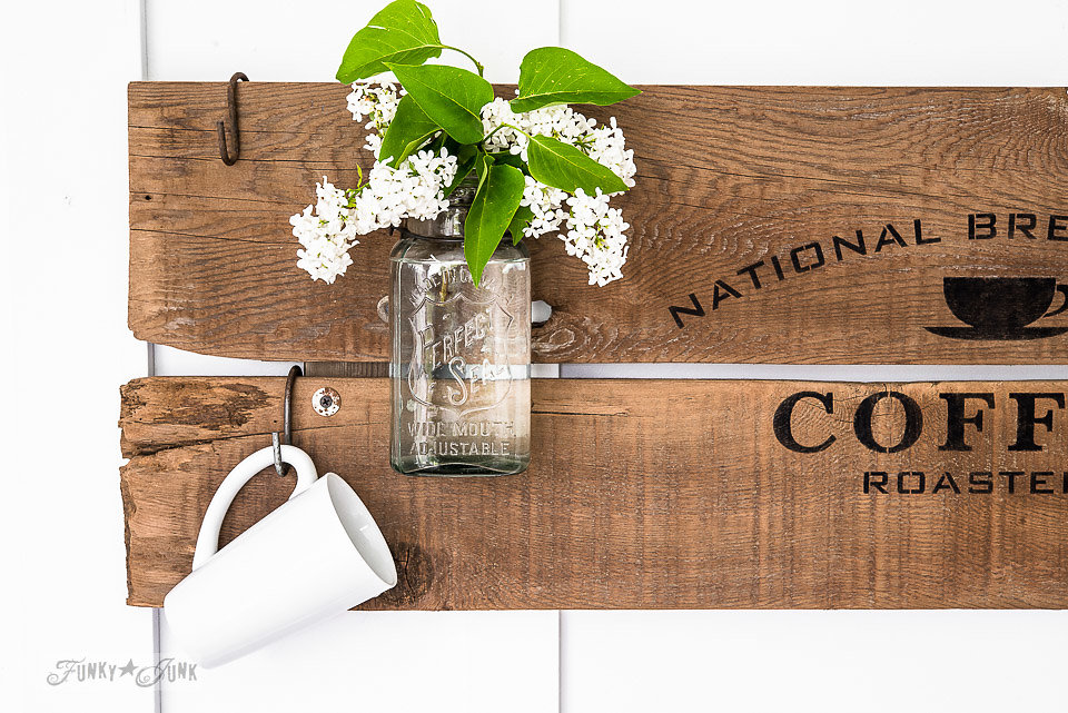 National Brewers Coffee stencilled on salvaged wood. Funky Junk's Old Sign Stencils are available at My Painted Door.