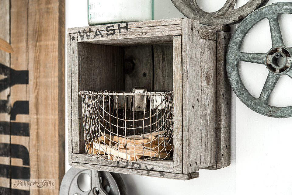 Old crate stencilled with the words wash and dry by Funky Junk Old Sign Stencils. Available at My Painted Door.