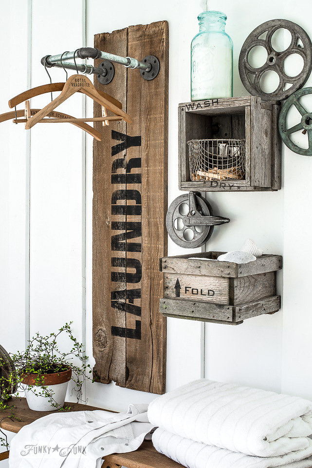 Old crates stencilled with the words wash, dry and fold. Laundry stencil by Funky Junk Old Sign Stencils - available at My Painted Door.