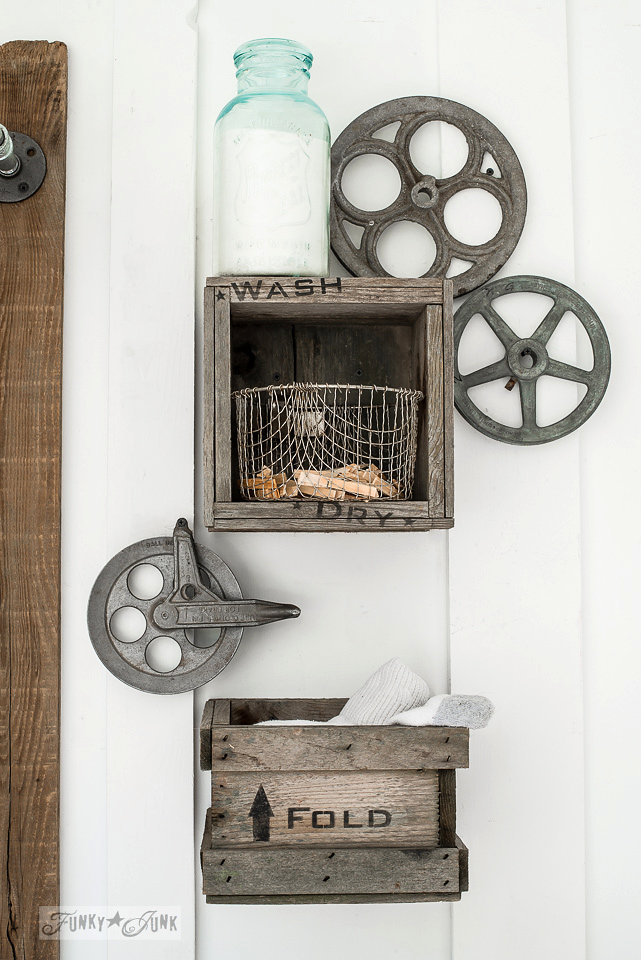 Old crates stencilled with the words wash, dry and fold. Laundry stencil by Funky Junk Old Sign Stencils - available at My Painted Door.