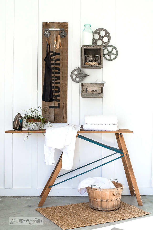Old crates and salvaged wood stencilled with a laundry stencil by Funky Junk Old Sign Stencils. Available at My Painted Door.