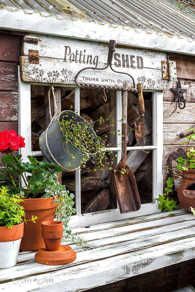 Buy Funky Junk's Old Sign Stencils on-line at My Painted Door. Potting Shed stencil on salvaged wood.