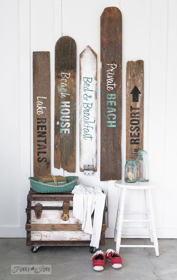 Buy Funky Junk's Old Sign Stencils on-line at My Painted Door. The Getaway Collection of stencils on salvaged wood.