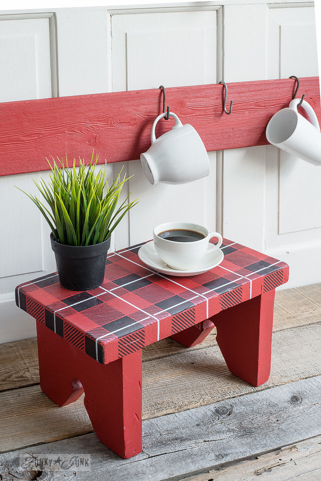 Wood stool stenciled with Funky Junk Interiors - Old Sign Stencils. Two stencils were used - Buffalo Check and Plaid Shirt.