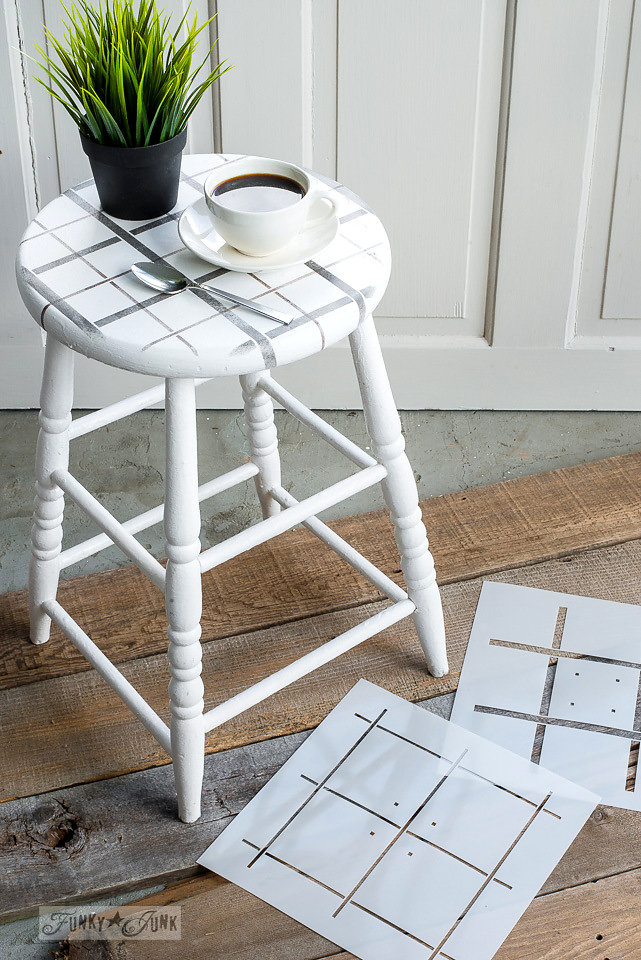 Wood stool stenciled with Funky Junk Interiors - Old Sign Stencils. This design is called Buffalo Check.