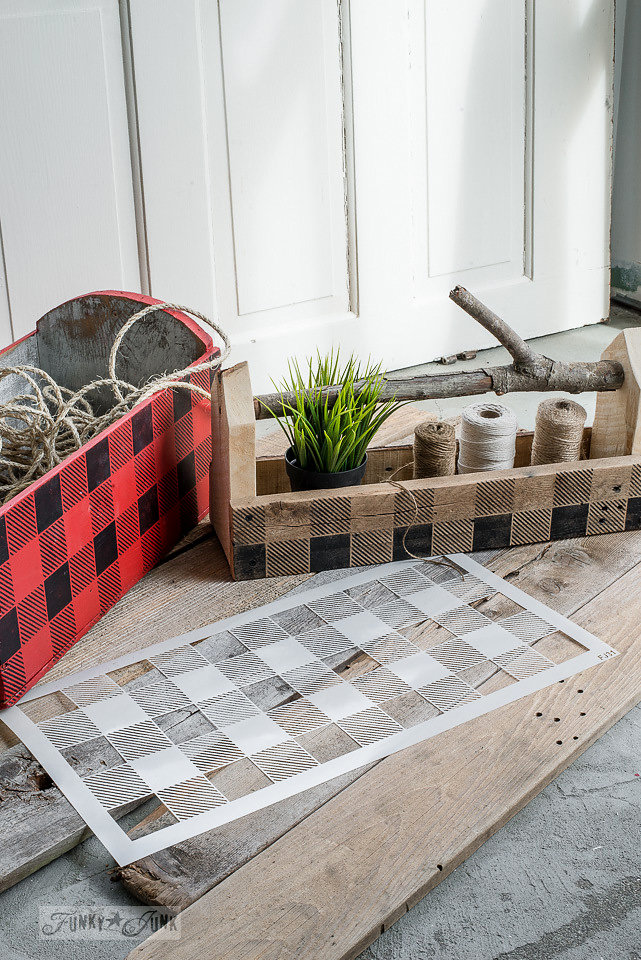 Old wood boxes stenciled with Funky Junk Interiors - Old Sign Stencils. This design is called Buffalo Check.